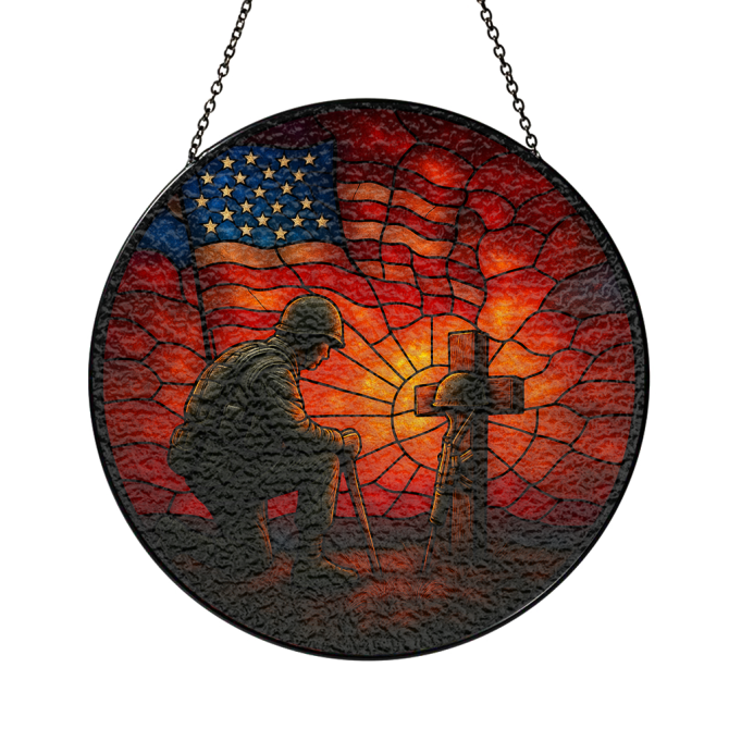 Patriotic Soldier & Cross Stained Glass Sun Catcher - Honor Veterans With Usa Flag Design - Image 3