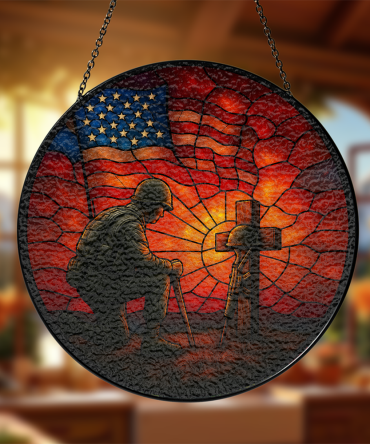 Patriotic Soldier & Cross Stained Glass Sun Catcher - Honor Veterans With Usa Flag Design