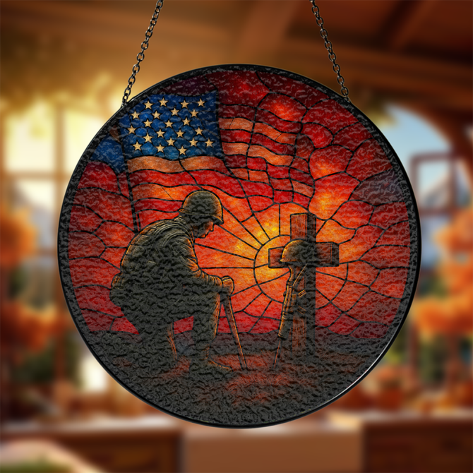 Patriotic Soldier & Cross Stained Glass Sun Catcher - Honor Veterans With Usa Flag Design