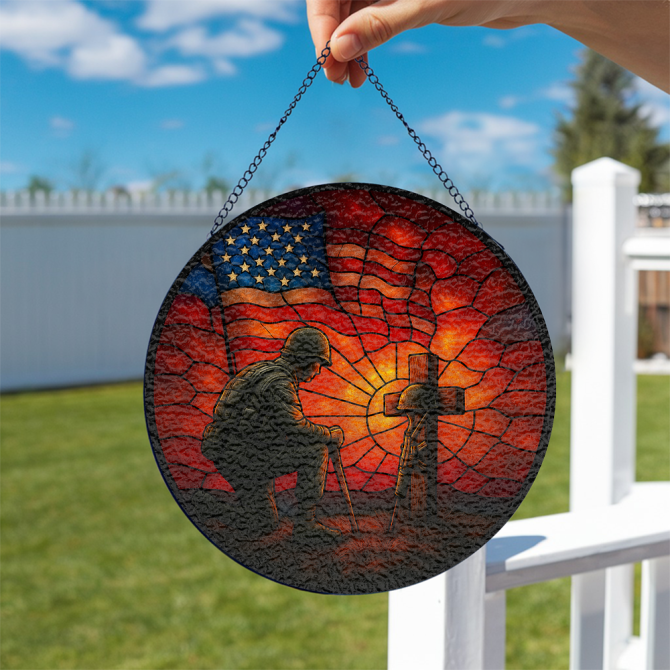 Patriotic Soldier & Cross Stained Glass Sun Catcher - Honor Veterans With Usa Flag Design - Image 2