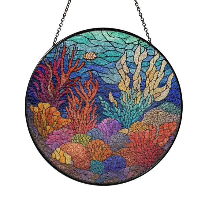 Colorful Underwater Stained Glass Wall Art - Vibrant Coral Reef Design For Home Decor - Image 3