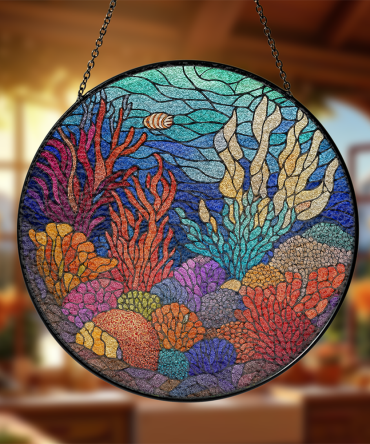 Colorful Underwater Stained Glass Wall Art - Vibrant Coral Reef Design For Home Decor