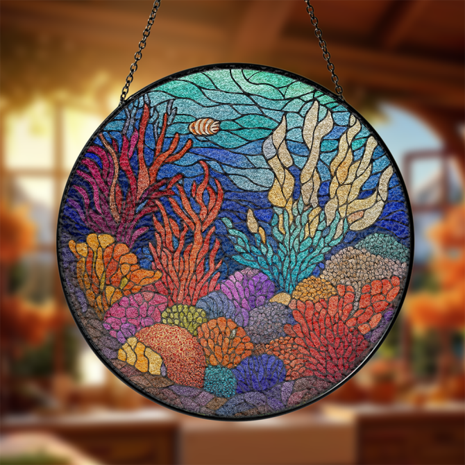 Colorful Underwater Stained Glass Wall Art - Vibrant Coral Reef Design For Home Decor