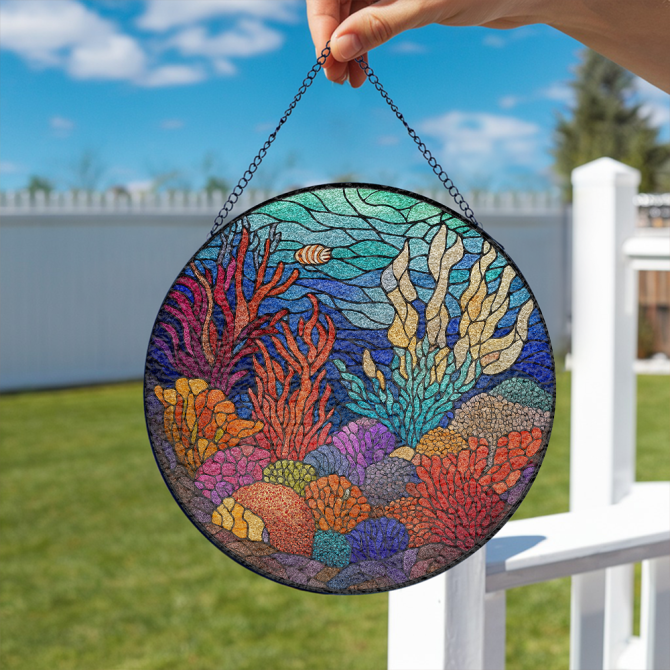 Colorful Underwater Stained Glass Wall Art - Vibrant Coral Reef Design For Home Decor - Image 2