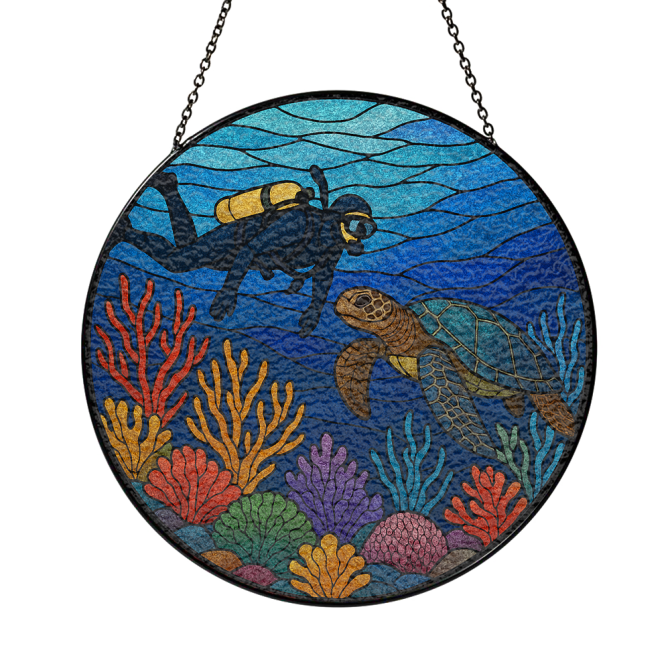 Vibrant Ocean Diver & Turtle Stained Glass Suncatcher - Handcrafted Home Decor Art - Image 3