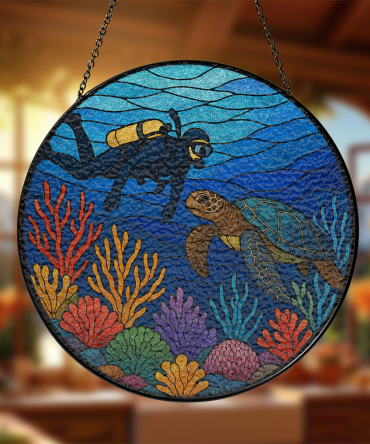 Vibrant Ocean Diver & Turtle Stained Glass Suncatcher - Handcrafted Home Decor Art