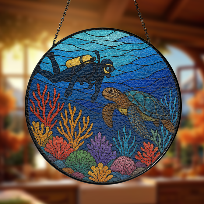 Vibrant Ocean Diver & Turtle Stained Glass Suncatcher - Handcrafted Home Decor Art