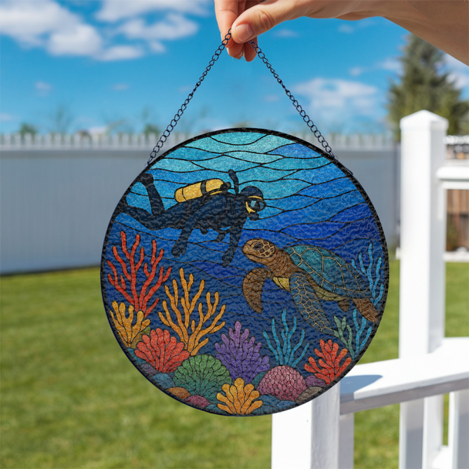 Vibrant Ocean Diver & Turtle Stained Glass Suncatcher - Handcrafted Home Decor Art - Image 2