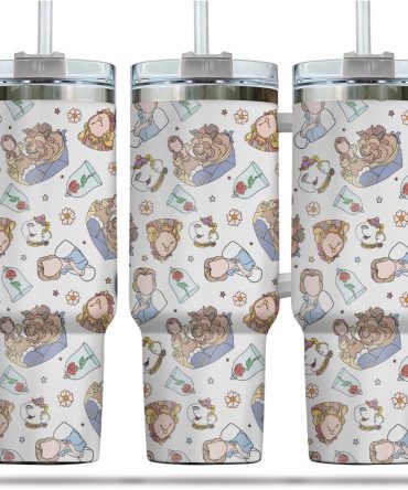 Enchanting Beauty & Beast Patterned Tumbler With Handle & Straw - Ideal Gift For Disney Fans