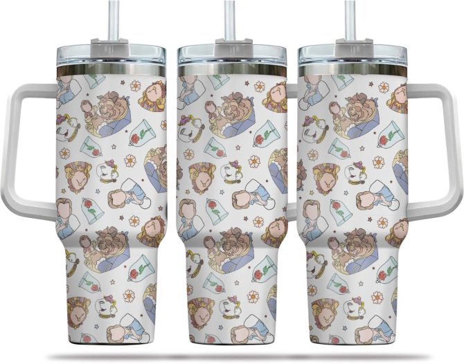Enchanting Beauty & Beast Patterned Tumbler With Handle & Straw - Ideal Gift For Disney Fans