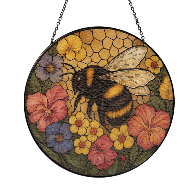 Vibrant Bee & Floral Stained Glass Suncatcher – Handmade Garden Décor For Windows - Image 3
