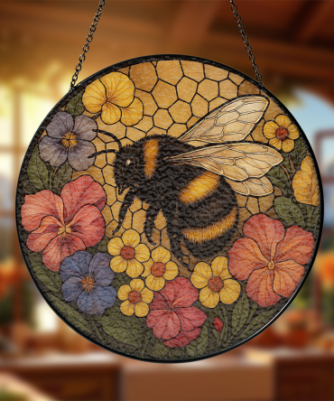 Vibrant Bee & Floral Stained Glass Suncatcher – Handmade Garden Décor For Windows