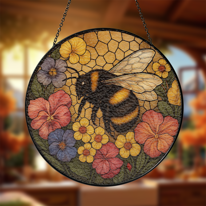 Vibrant Bee & Floral Stained Glass Suncatcher – Handmade Garden Décor For Windows