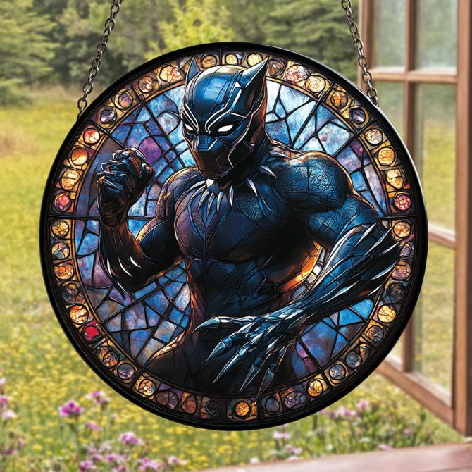 Stunning Black Panther Stained Glass Window Hanging – Vibrant Superhero Decor For Home & Office