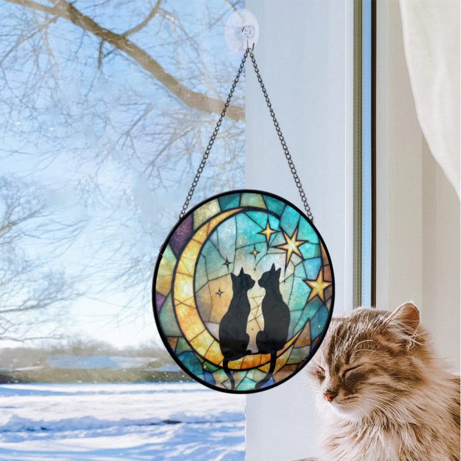 Enchanting Stained Glass Cat Suncatcher - Moon & Stars Design For Home Decor - Image 3