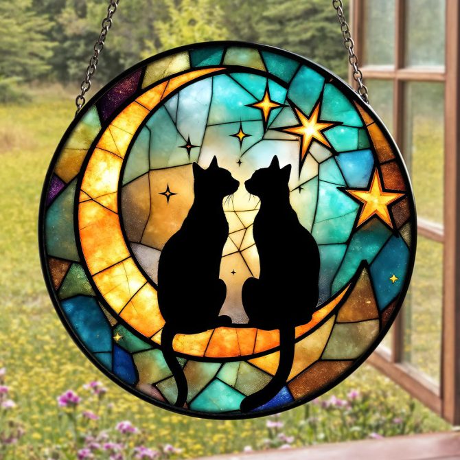 Enchanting Stained Glass Cat Suncatcher - Moon & Stars Design For Home Decor - Image 2