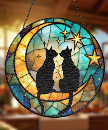 Enchanting Stained Glass Cat Suncatcher - Moon & Stars Design For Home Decor