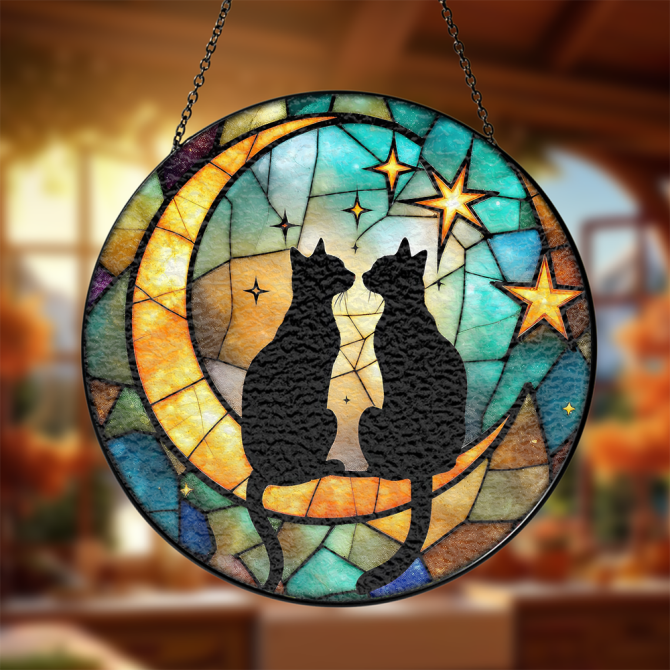 Enchanting Stained Glass Cat Suncatcher - Moon & Stars Design For Home Decor