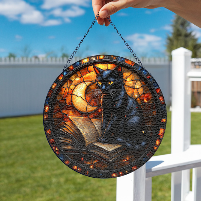 Enchanting Black Cat Stained Glass Suncatcher With Moon & Book Design - Perfect Halloween Decor - Image 2