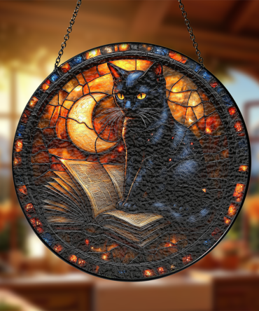 Enchanting Black Cat Stained Glass Suncatcher With Moon & Book Design - Perfect Halloween Decor