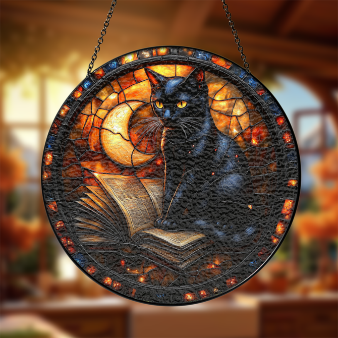 Enchanting Black Cat Stained Glass Suncatcher With Moon & Book Design - Perfect Halloween Decor