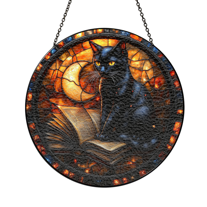 Enchanting Black Cat Stained Glass Suncatcher With Moon & Book Design - Perfect Halloween Decor - Image 3