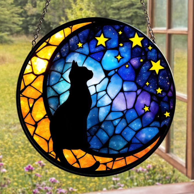 Enchanting Cat Stained Glass Suncatcher - Moon & Stars Design For Home Decor - Image 2