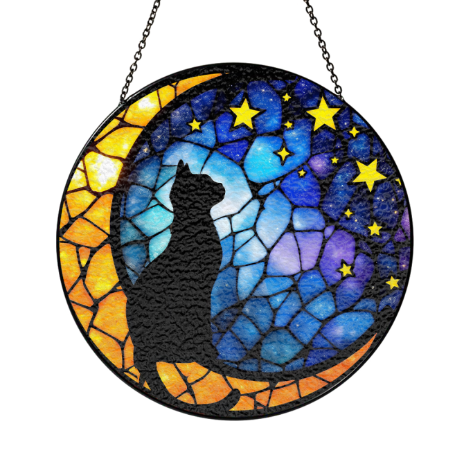 Enchanting Cat Stained Glass Suncatcher - Moon & Stars Design For Home Decor - Image 3