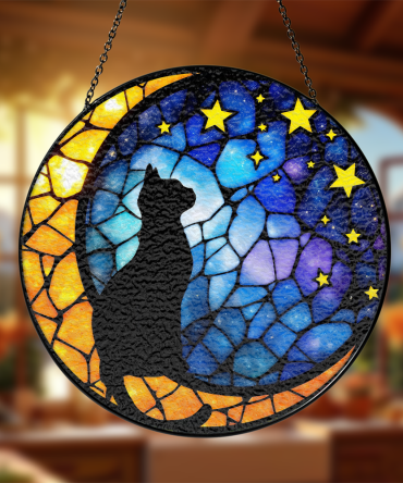 Enchanting Cat Stained Glass Suncatcher - Moon & Stars Design For Home Decor