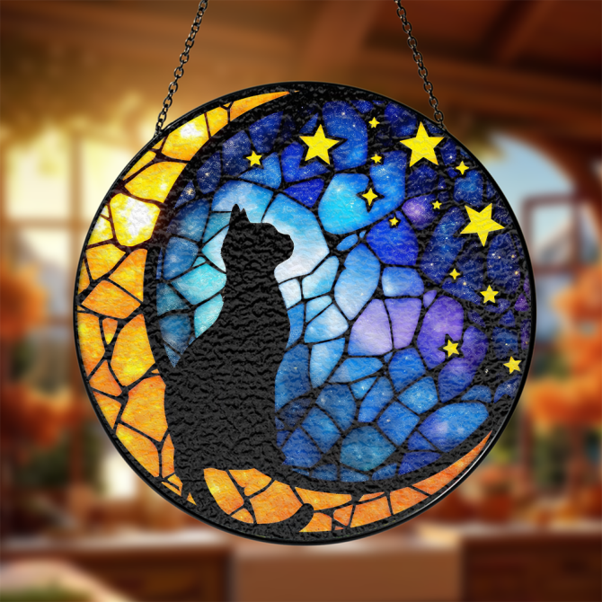 Enchanting Cat Stained Glass Suncatcher - Moon & Stars Design For Home Decor