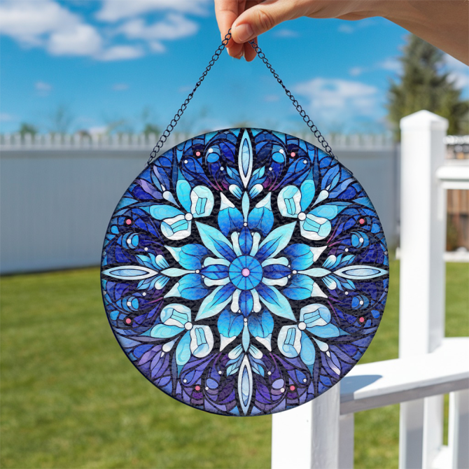 Stunning Blue Mandala Stained Glass Window Hanging - Handcrafted Suncatcher For Home & Garden Decor - Image 2