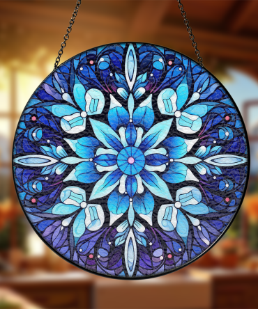 Stunning Blue Mandala Stained Glass Window Hanging - Handcrafted Suncatcher For Home & Garden Decor