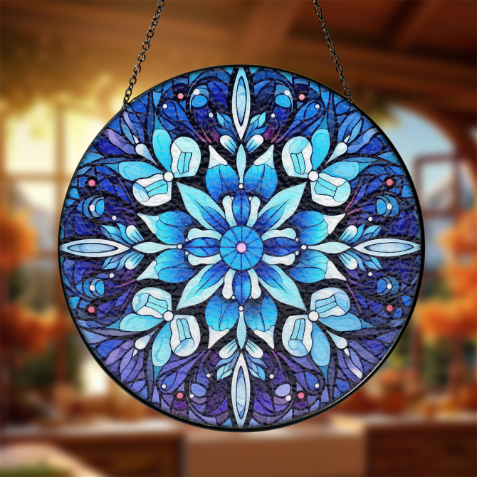 Stunning Blue Mandala Stained Glass Window Hanging - Handcrafted Suncatcher For Home & Garden Decor