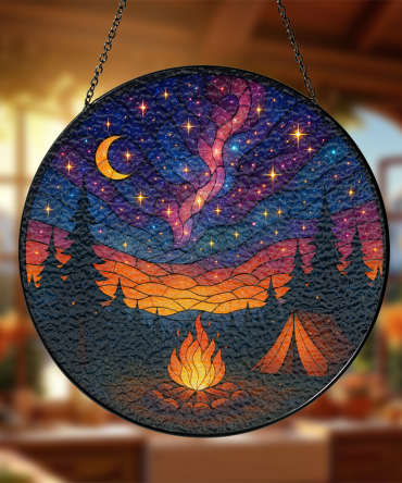 Stunning Stained Glass Campfire & Starry Sky Suncatcher - Handcrafted Nature Wall Art Decor