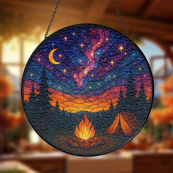 Stunning Stained Glass Campfire & Starry Sky Suncatcher - Handcrafted Nature Wall Art Decor