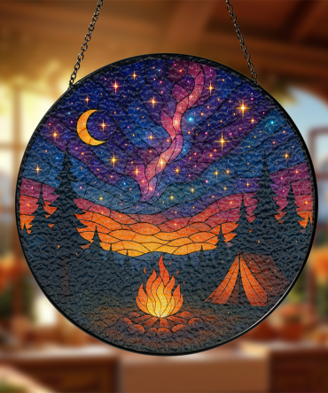 Stunning Stained Glass Suncatcher - Night Sky Campfire & Tent Scene, 12-Inch Hanging Decor For Home Or Cabin