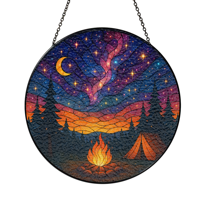 Stunning Stained Glass Suncatcher - Night Sky Campfire & Tent Scene, 12-Inch Hanging Decor For Home Or Cabin - Image 3