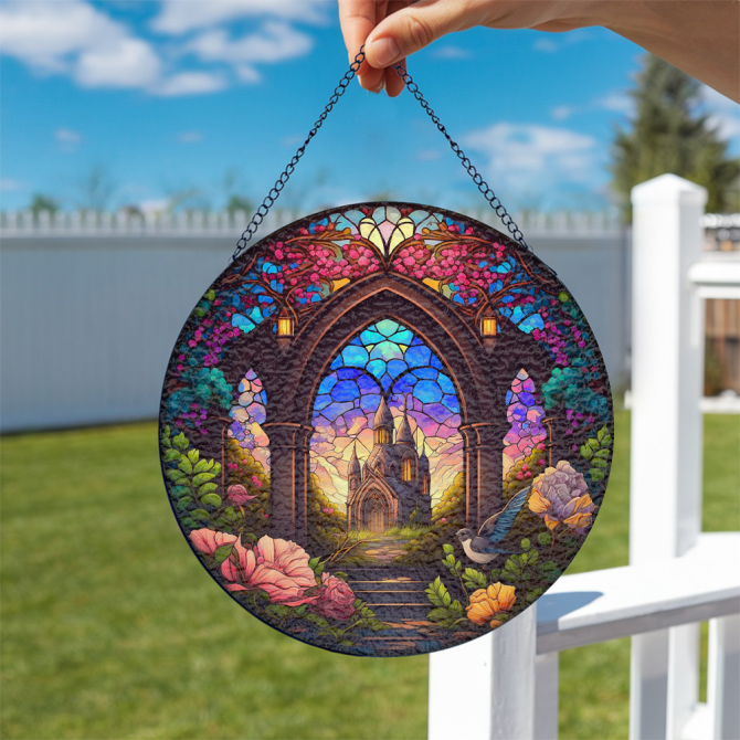 Enchanting Stained Glass Window Hanging - Gothic Castle & Nature Scene, 12'' Round Suncatcher For Home Decor - Image 4