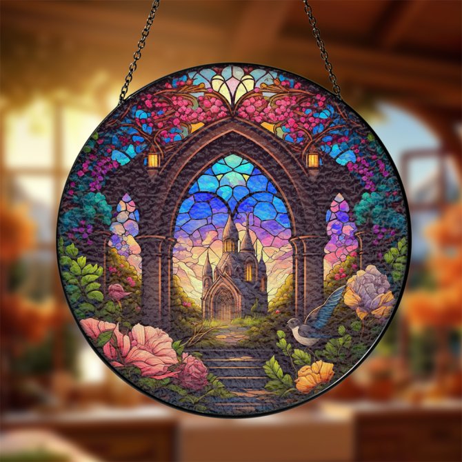 Enchanting Stained Glass Window Hanging - Gothic Castle & Nature Scene, 12'' Round Suncatcher For Home Decor - Image 3