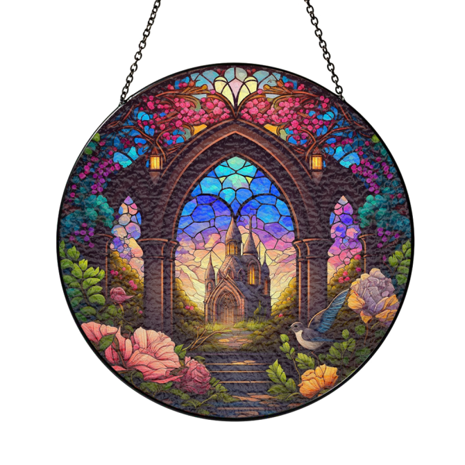 Enchanting Stained Glass Window Hanging - Gothic Castle & Nature Scene, 12'' Round Suncatcher For Home Decor - Image 5