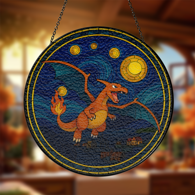 Charizard Starry Night Pokemon Stained Glass Window Hanging Panel Suncatcher Decor