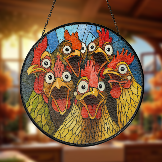 Vibrant Chicken Stained Glass Art Panel - Unique Farmhouse Decor For Home & Garden