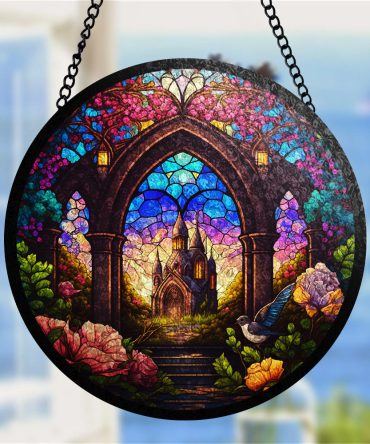 Enchanting Stained Glass Window Hanging - Gothic Castle & Nature Scene, 12'' Round Suncatcher For Home Decor