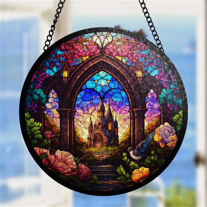 Enchanting Stained Glass Window Hanging - Gothic Castle & Nature Scene, 12'' Round Suncatcher For Home Decor