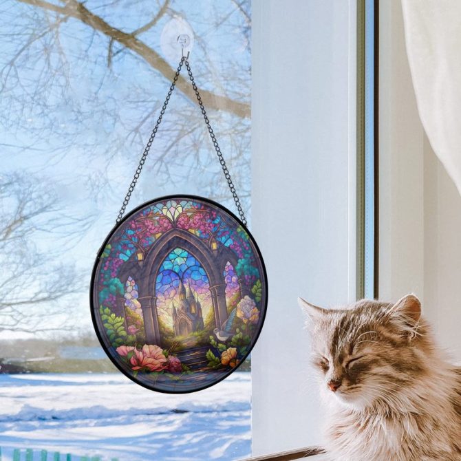 Enchanting Stained Glass Window Hanging - Gothic Castle & Nature Scene, 12'' Round Suncatcher For Home Decor - Image 2