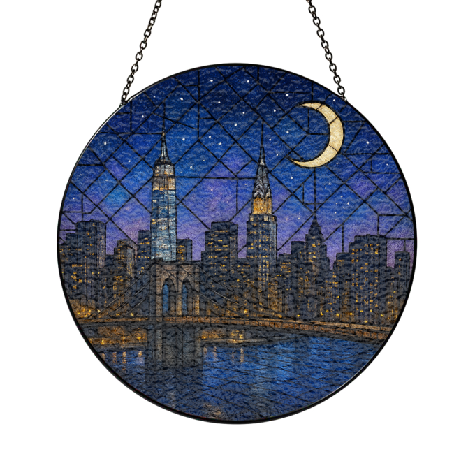 Stunning Nyc Skyline Stained Glass Window Hanging - Nightscape With Crescent Moon Decor - Image 3