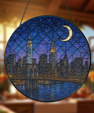 Stunning Nyc Skyline Stained Glass Window Hanging - Nightscape With Crescent Moon Decor