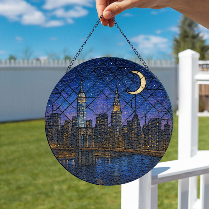Stunning Nyc Skyline Stained Glass Window Hanging - Nightscape With Crescent Moon Decor - Image 2