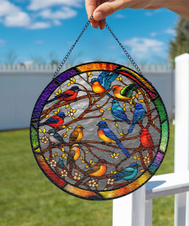 Vibrant Stained Glass Suncatcher With Colorful Birds – Perfect For Home & Garden Decor