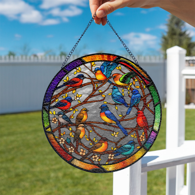 Vibrant Stained Glass Suncatcher With Colorful Birds – Perfect For Home & Garden Decor